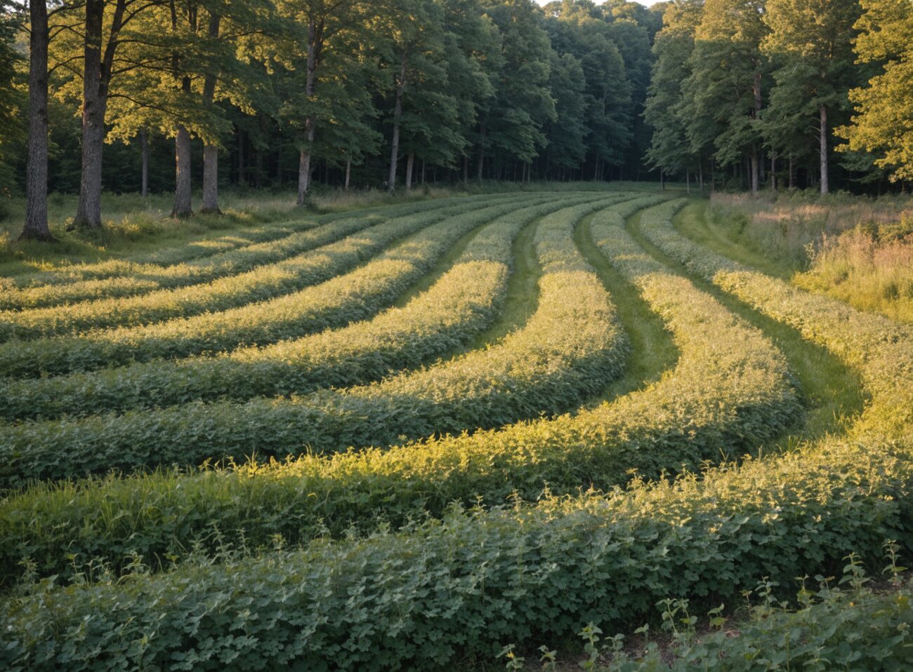 A healthy, well-established green food plot of clover and forage in a forest clearing at golden hour