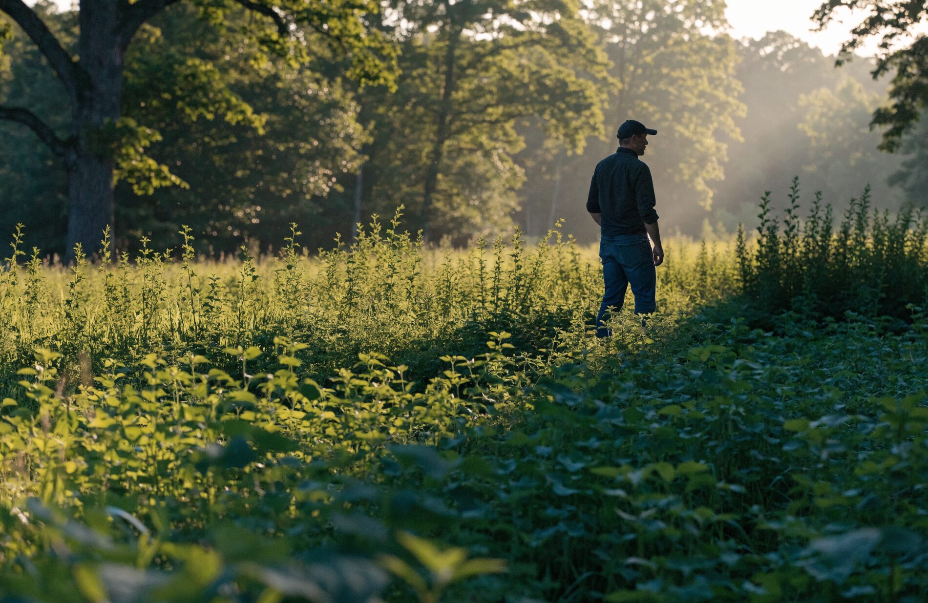 A landowner standing at the edge of a lush green food plot in a forest clearing on a golden morning